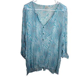 Grand & Greene Blouse Women's 1X Blue Popover Sheer 3/4 Sleeve Tunic Top Shirt
